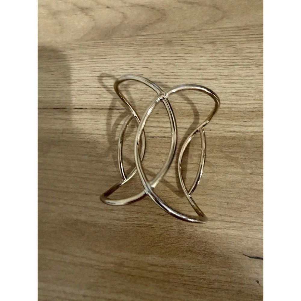 Gold Tone Openwork Cuff Bracelet Wide Statement Modernist Bangle 6
